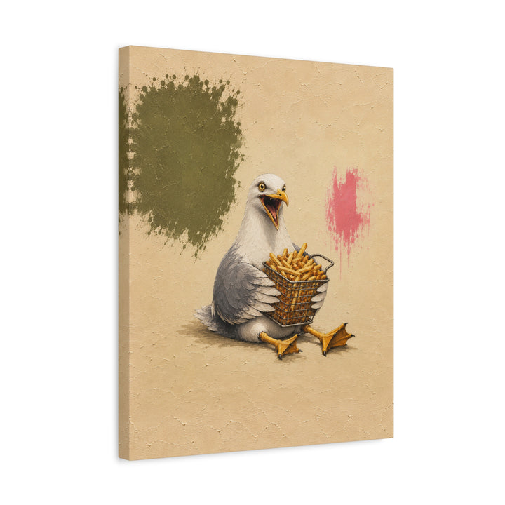 Chip Thief – Funny Animal Art with a Seagull and a Fry Basket – Canvas / Framed Canvas
