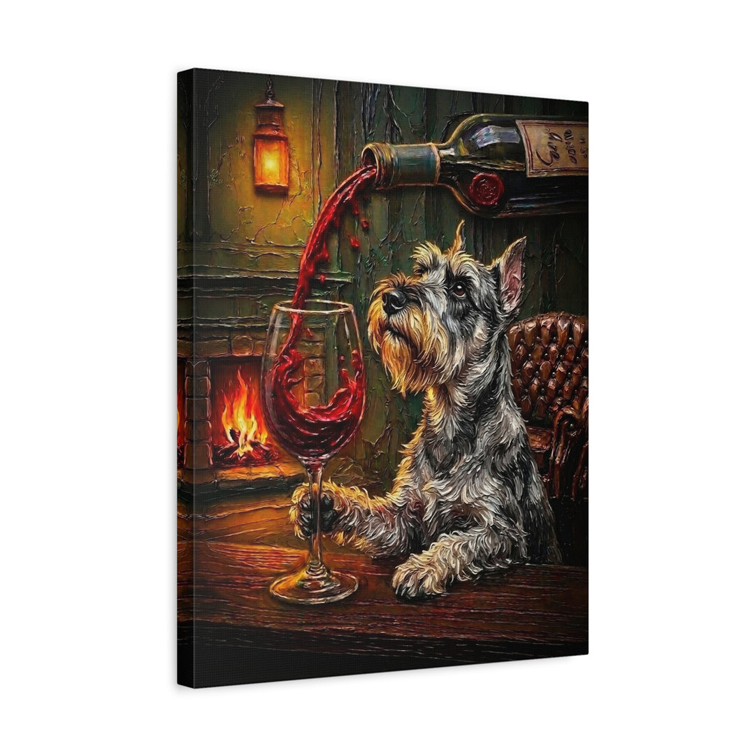 "Wine & Woof" - Schnauzer Vertical Canvas - Dog Lover Wall Art