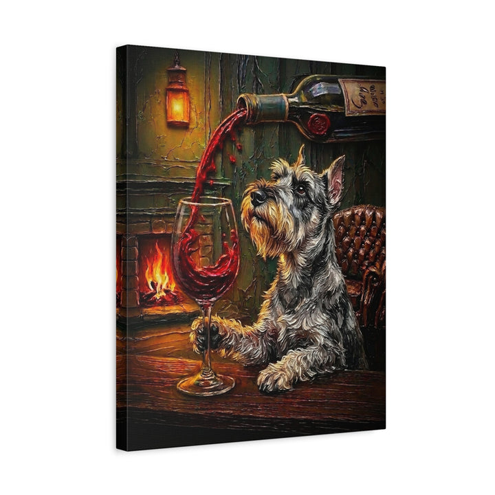 "Wine & Woof" - Schnauzer Vertical Canvas - Dog Lover Wall Art