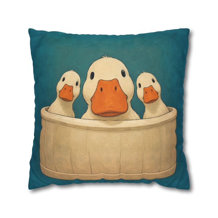 Occupied – Bathroom Wall Art with Three Ducks Leaning Over the Rim – Pillow / Cover