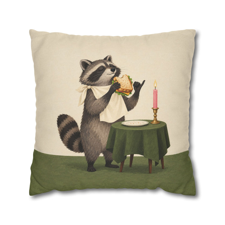 Gourmet Bandit – Raccoon Wall Art with a Candlelit Stolen Sandwich – Pillow / Cover