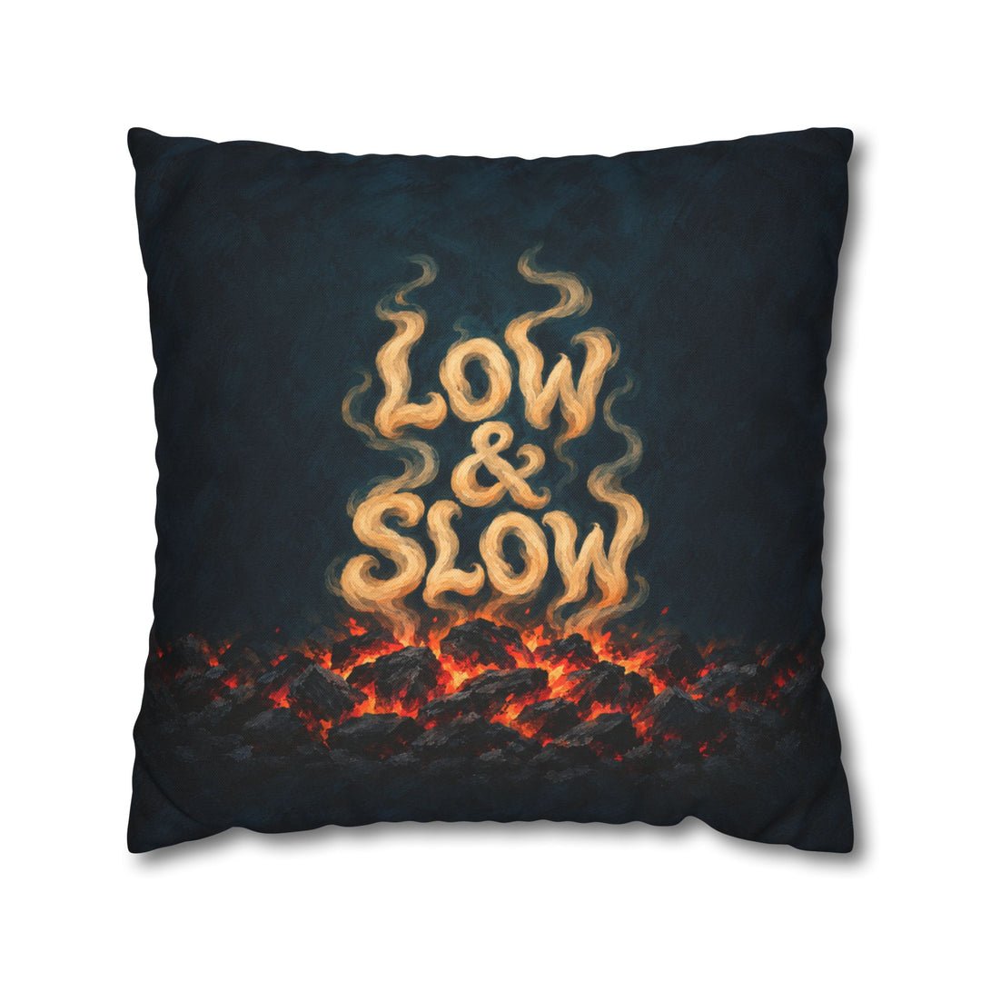 Low & Slow – Grill Art with Smoke Curl Lettering Over Embers – Pillow / Cover