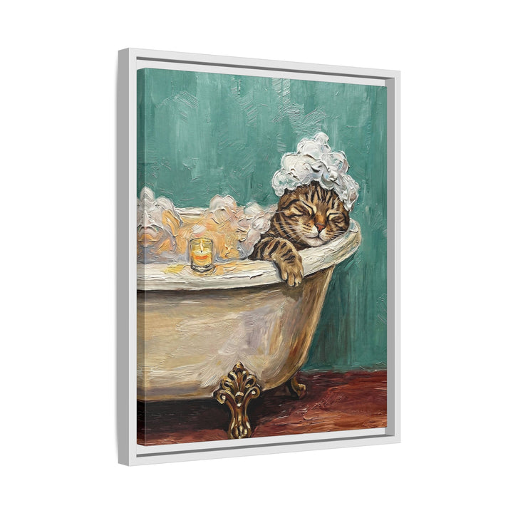 "Spa Day" - Classic Tabby Vertical Framed Canvas - Cat Lover Wall Art
