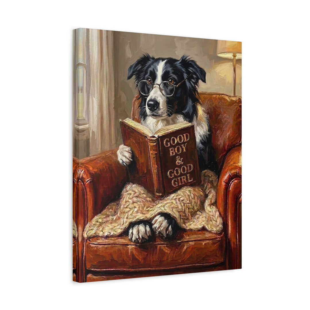 "Evening Read" - Border Collie Vertical Canvas - Dog Lover Wall Art