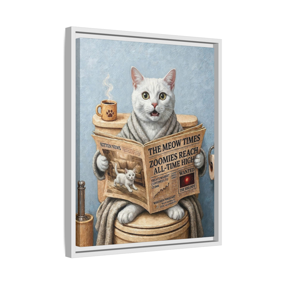 "Morning Business" - White Shorthair Vertical Framed Canvas - Cat Lover Wall Art