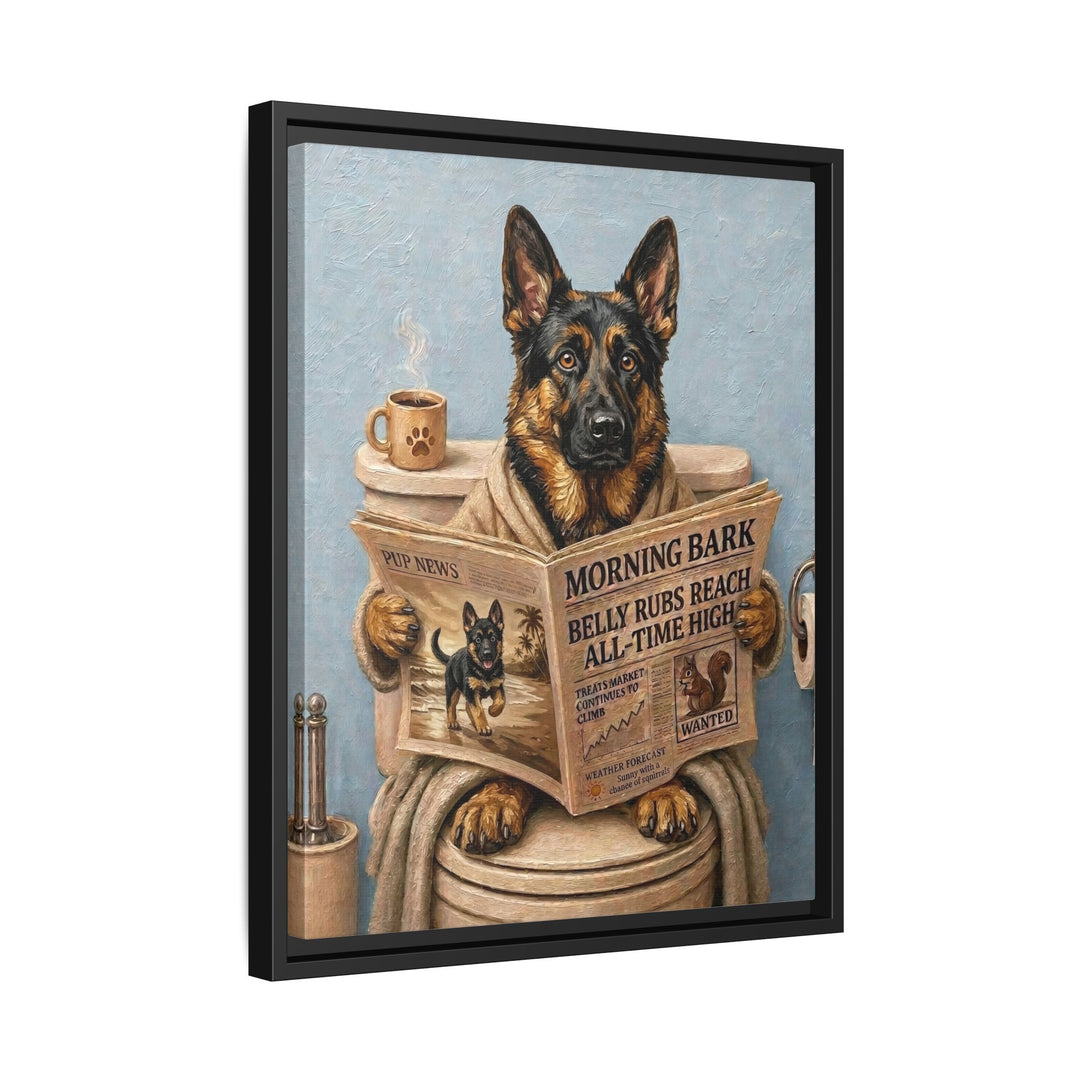 "Morning Business" - German Shepherd Vertical Framed Canvas - Dog Lover Wall Art