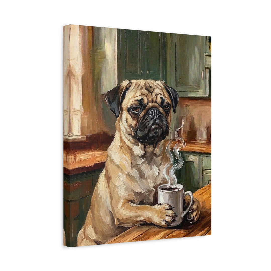 "Before Coffee" - Pug Vertical Canvas - Dog Lover Wall Art
