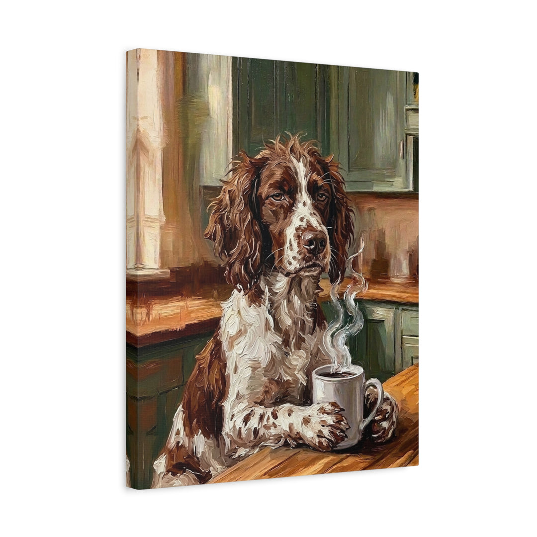 "Before Coffee" - English Springer Spaniel Vertical Canvas - Dog Lover Wall Art