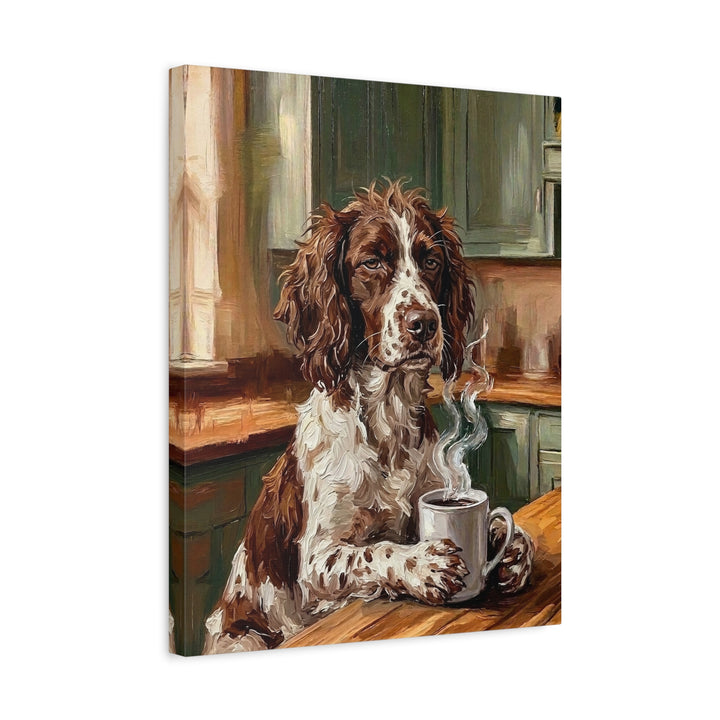 "Before Coffee" - English Springer Spaniel Vertical Canvas - Dog Lover Wall Art