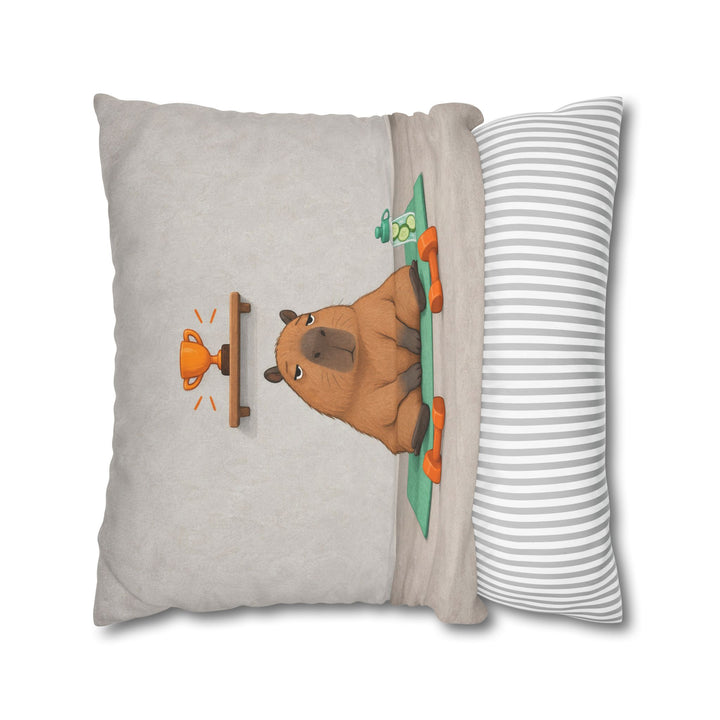 Rest Day Champion – Gym Decor with a Capybara Beside Untouched Weights – Pillow / Cover