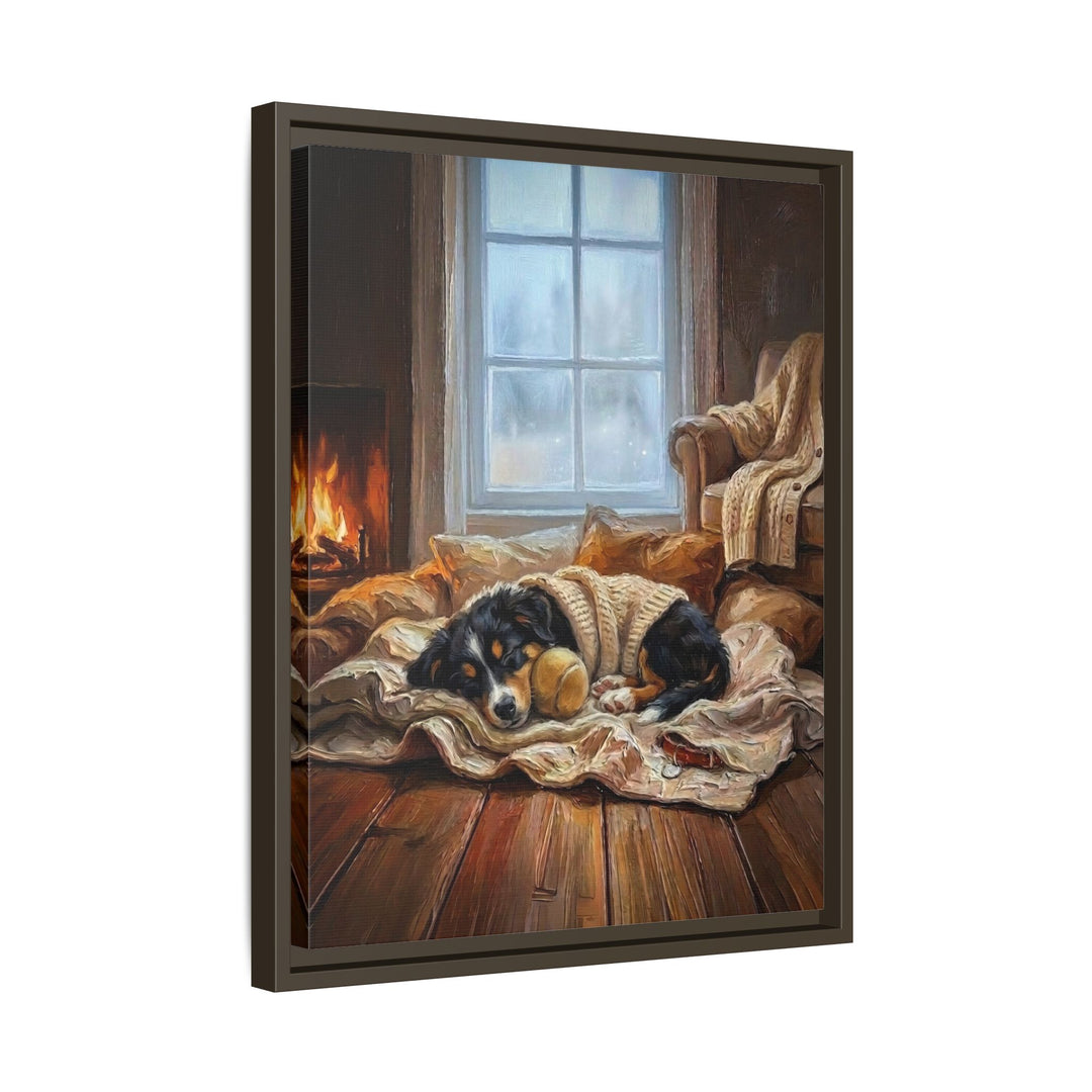 "Calm Memories" - Australian Shepherd Vertical Framed Canvas - Dog Lover Wall Art