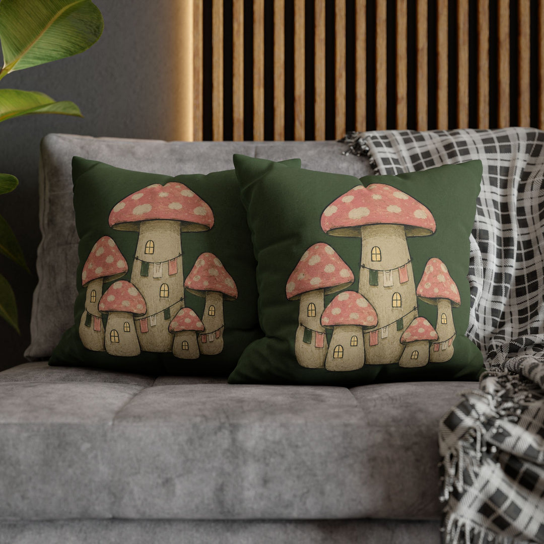 Mushroom Village – Mushroom Wall Art with Toadstools and Lit Windows – Pillow / Cover