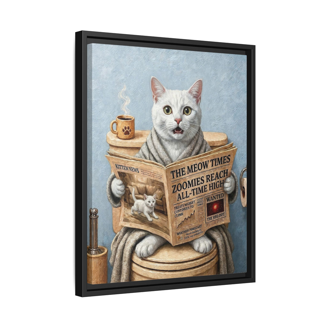 "Morning Business" - White Shorthair Vertical Framed Canvas - Cat Lover Wall Art