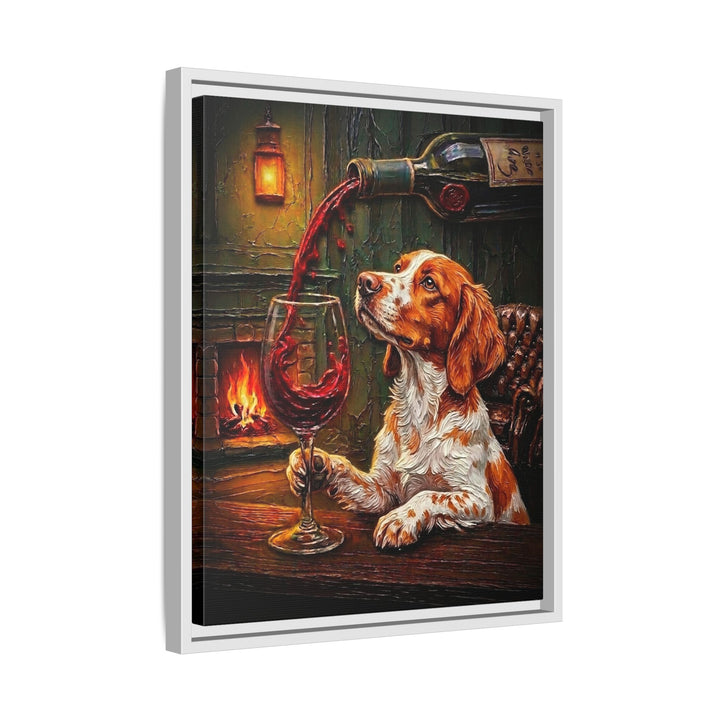 "Wine & Woof" - Brittany Spaniel Vertical Framed Canvas - Dog Lover Wall Art