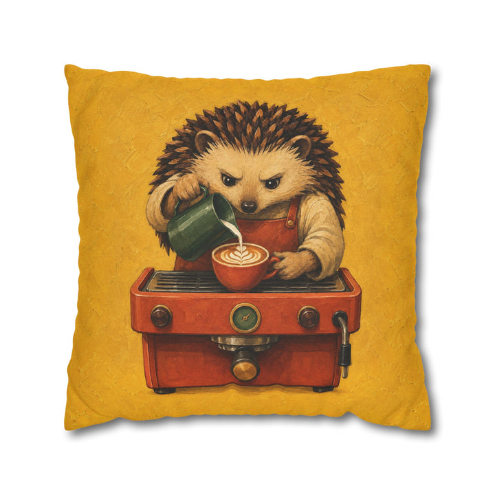 Barista Hedgehog – Coffee Bar Art with a Spiky Server Pouring Foam – Pillow / Cover