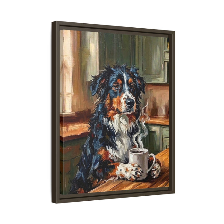 "Before Coffee" - Australian Shepherd Vertical Framed Canvas - Dog Lover Wall Art