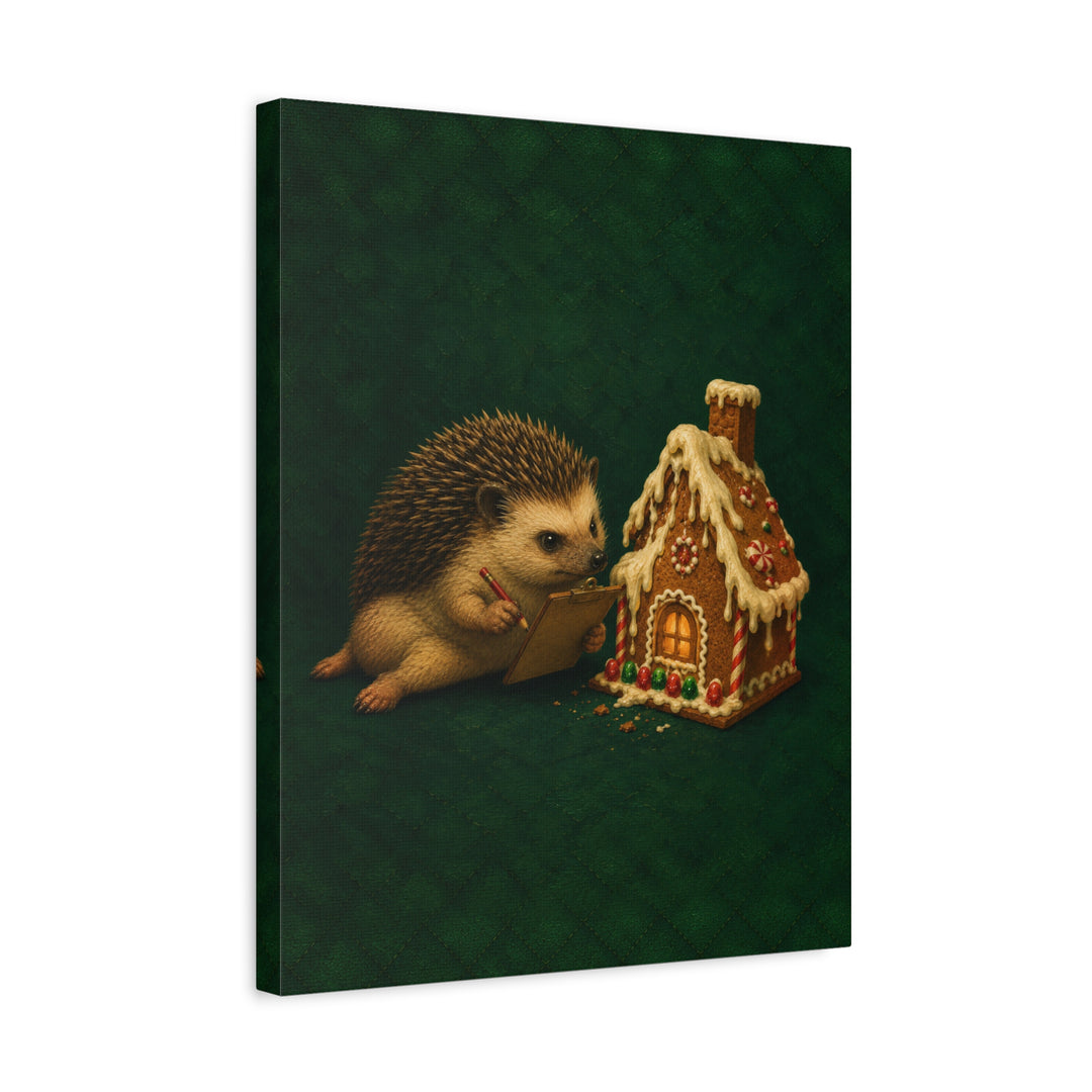 Gingerbread Building Inspector – Christmas Wall Art with a Clipboard at the Cookie House – Canvas / Framed Canvas