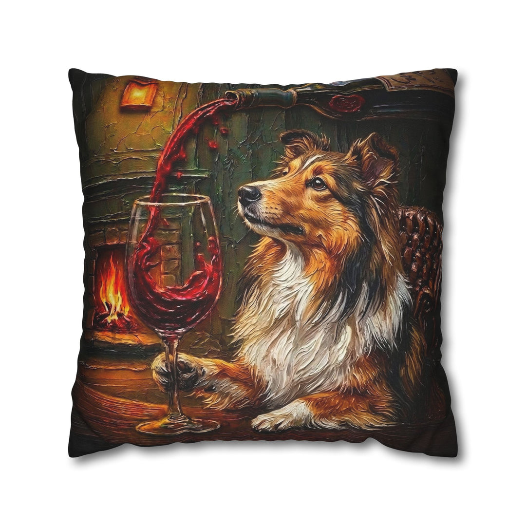 "Wine & Woof" - Shetland Sheepdog Throw Pillow - Dog Lover Home Decor