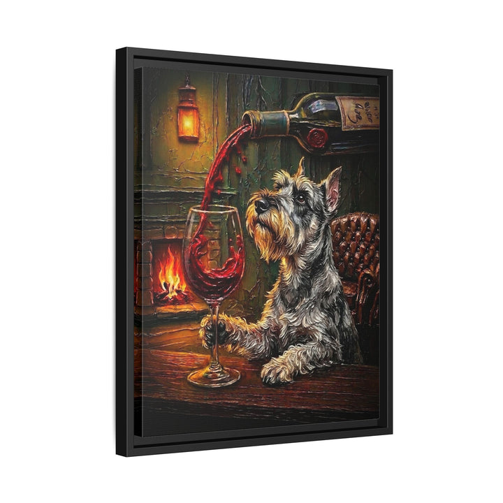 "Wine & Woof" - Schnauzer Vertical Framed Canvas - Dog Lover Wall Art