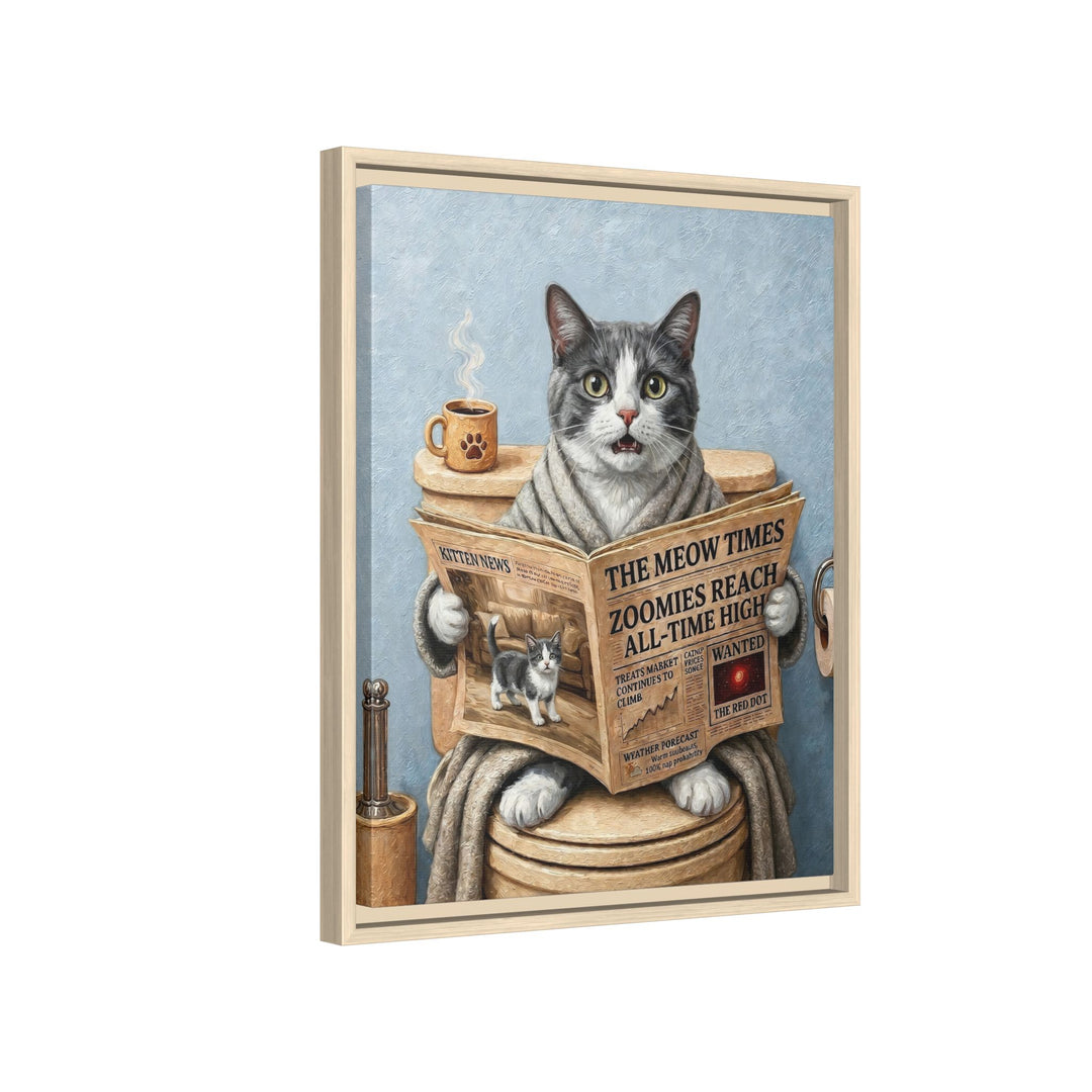 "Morning Business" - Grey & White Bicolor Vertical Framed Canvas - Cat Lover Wall Art