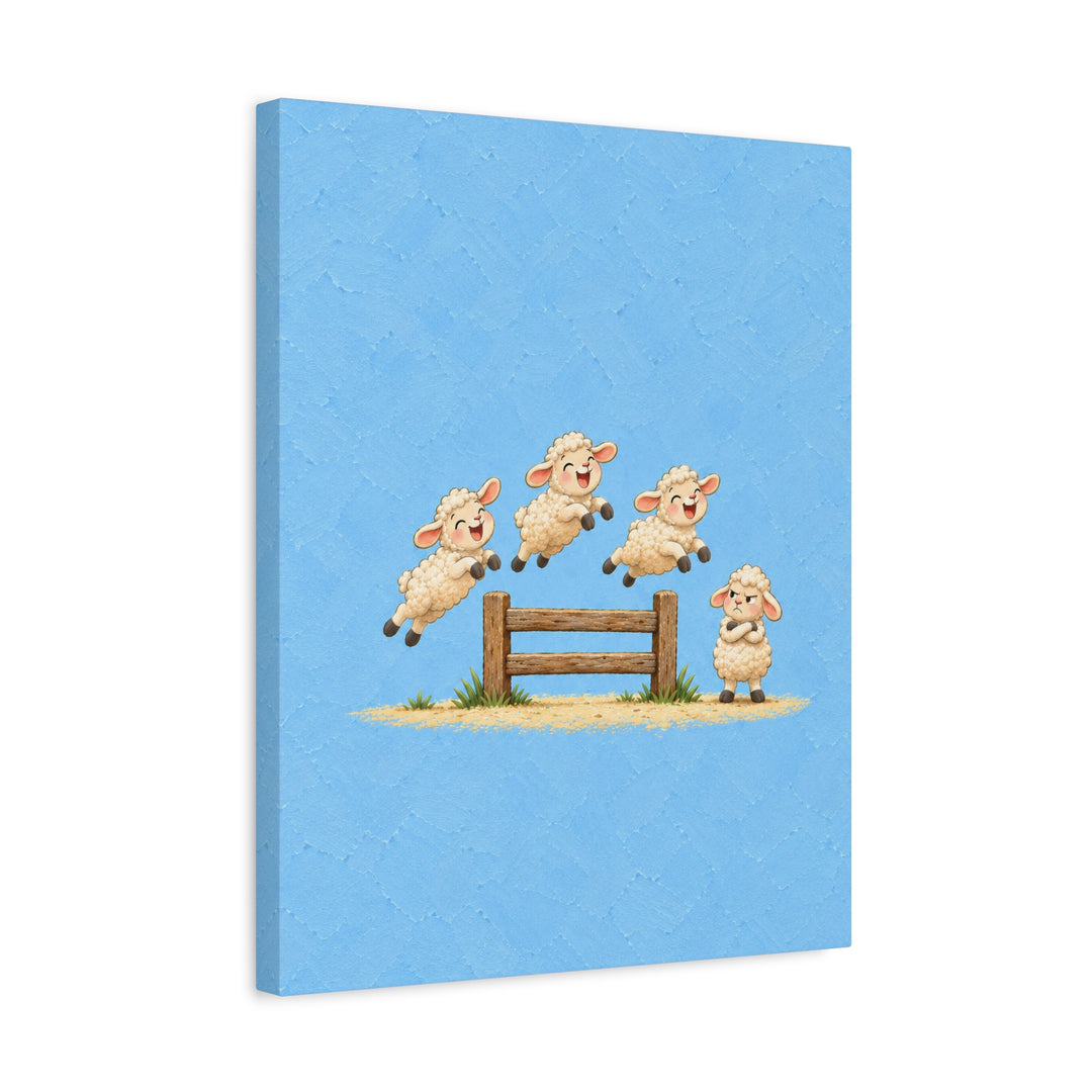 Counting Sheepdogs – Nursery Art with Sheep Jumping a Fence Out Loud – Canvas / Framed Canvas