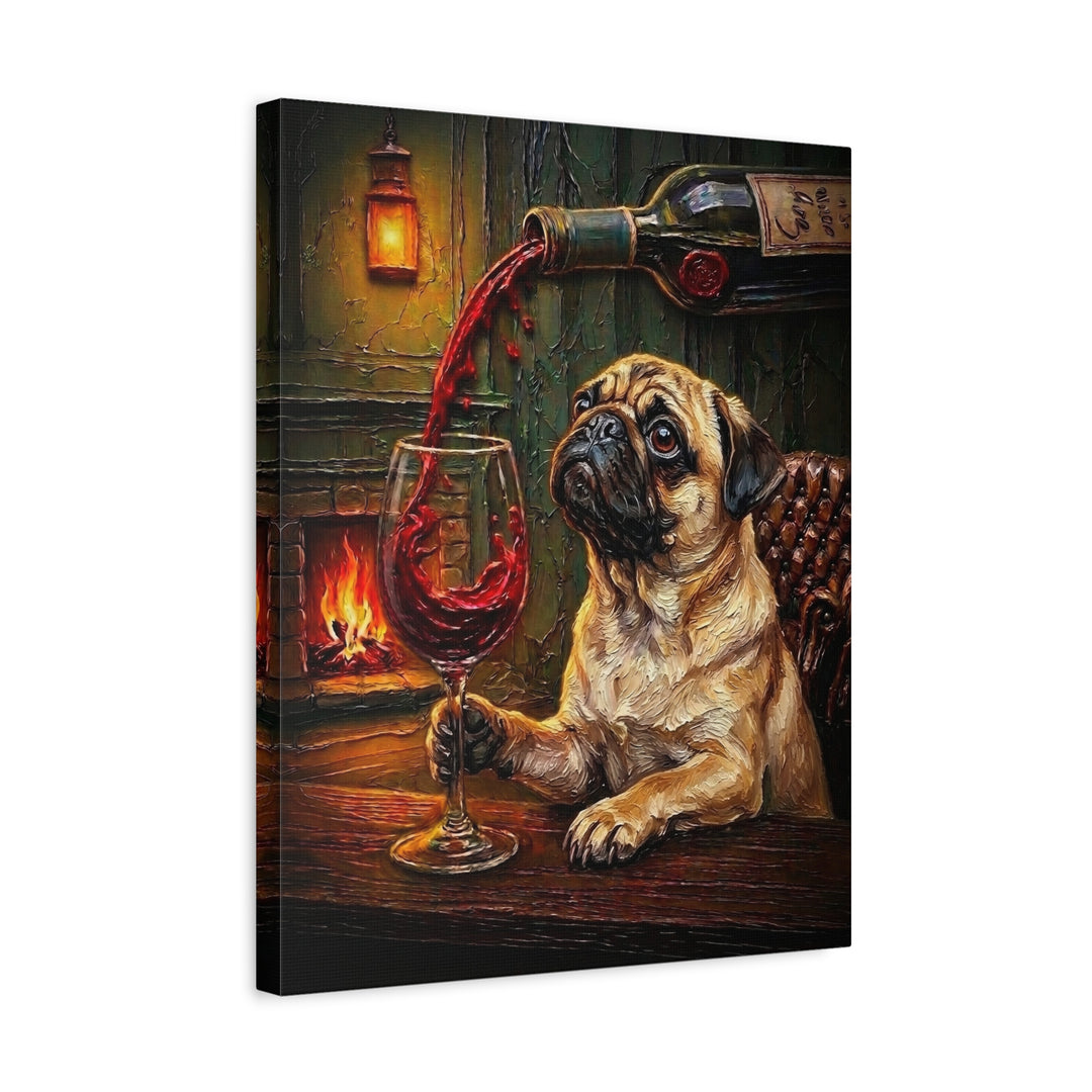 "Wine & Woof" - Pug Vertical Canvas - Dog Lover Wall Art