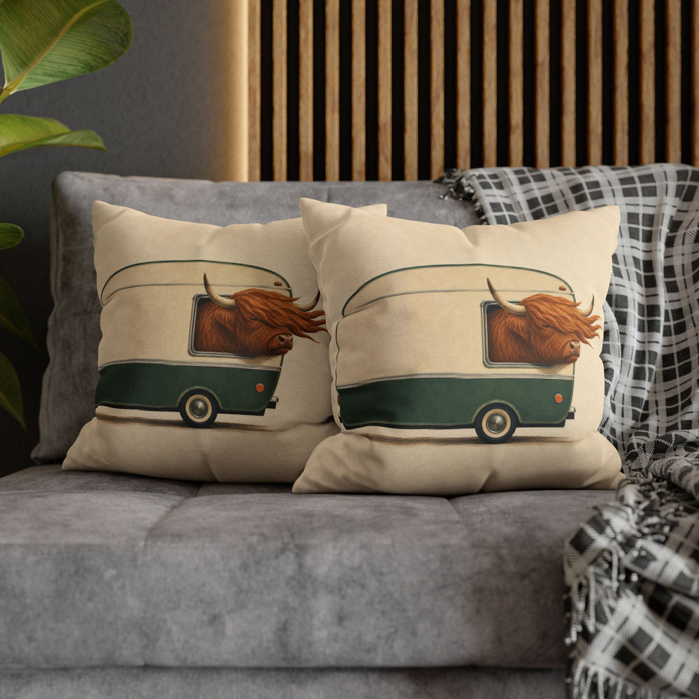 Happy Camper – Highland Cow Wall Art with a Vintage Trailer Window – Pillow / Cover
