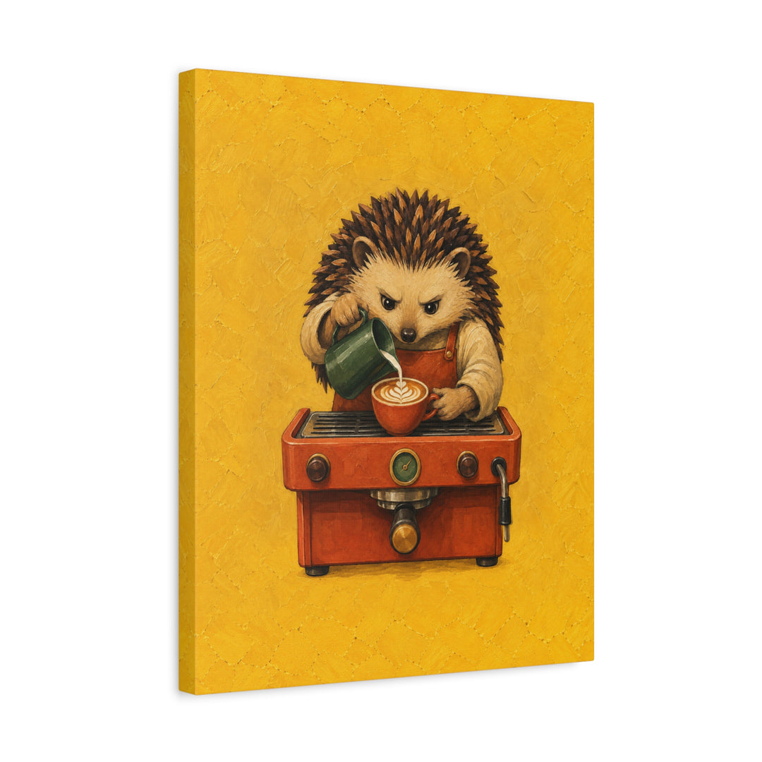 Barista Hedgehog – Coffee Bar Art with a Spiky Server Pouring Foam – Canvas / Framed Canvas