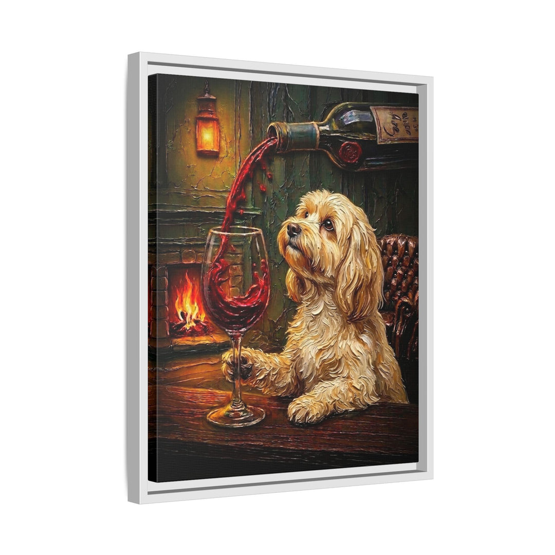 "Wine & Woof" - Havanese Vertical Framed Canvas - Dog Lover Wall Art