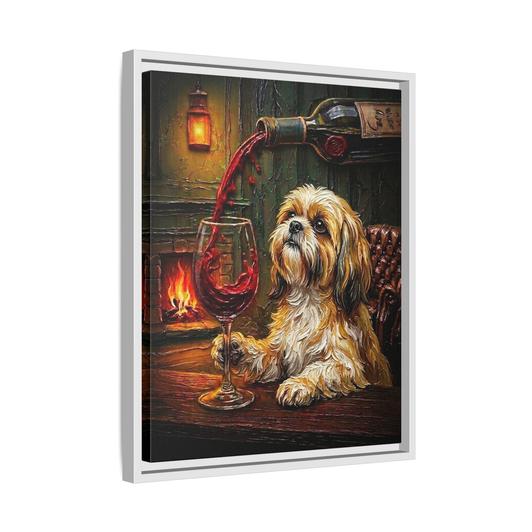 "Wine & Woof" - Shih Tzu Vertical Framed Canvas - Dog Lover Wall Art