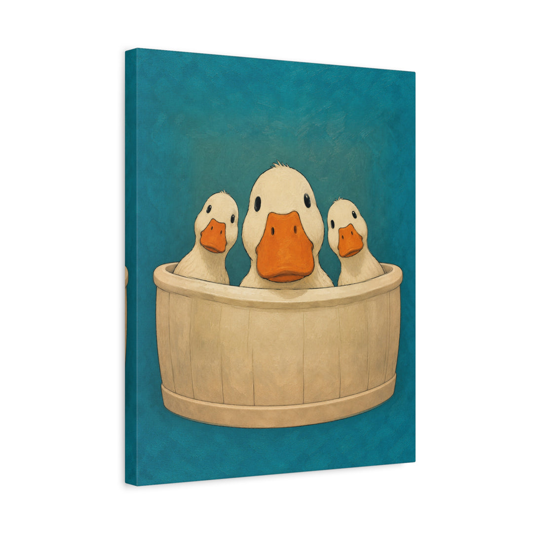Occupied – Bathroom Wall Art with Three Ducks Leaning Over the Rim – Canvas / Framed Canvas