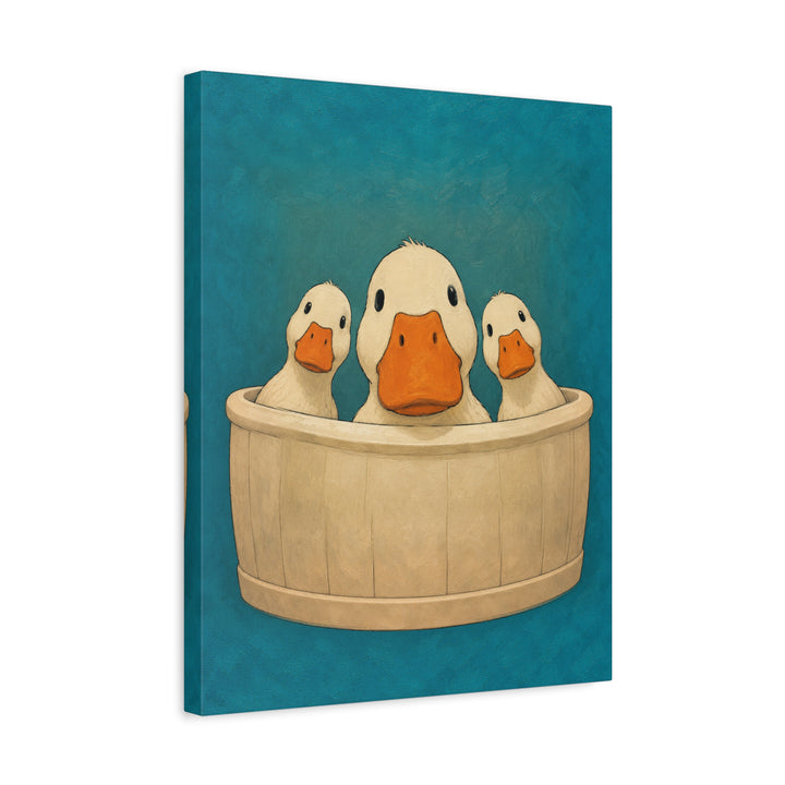 Occupied – Bathroom Wall Art with Three Ducks Leaning Over the Rim – Canvas / Framed Canvas