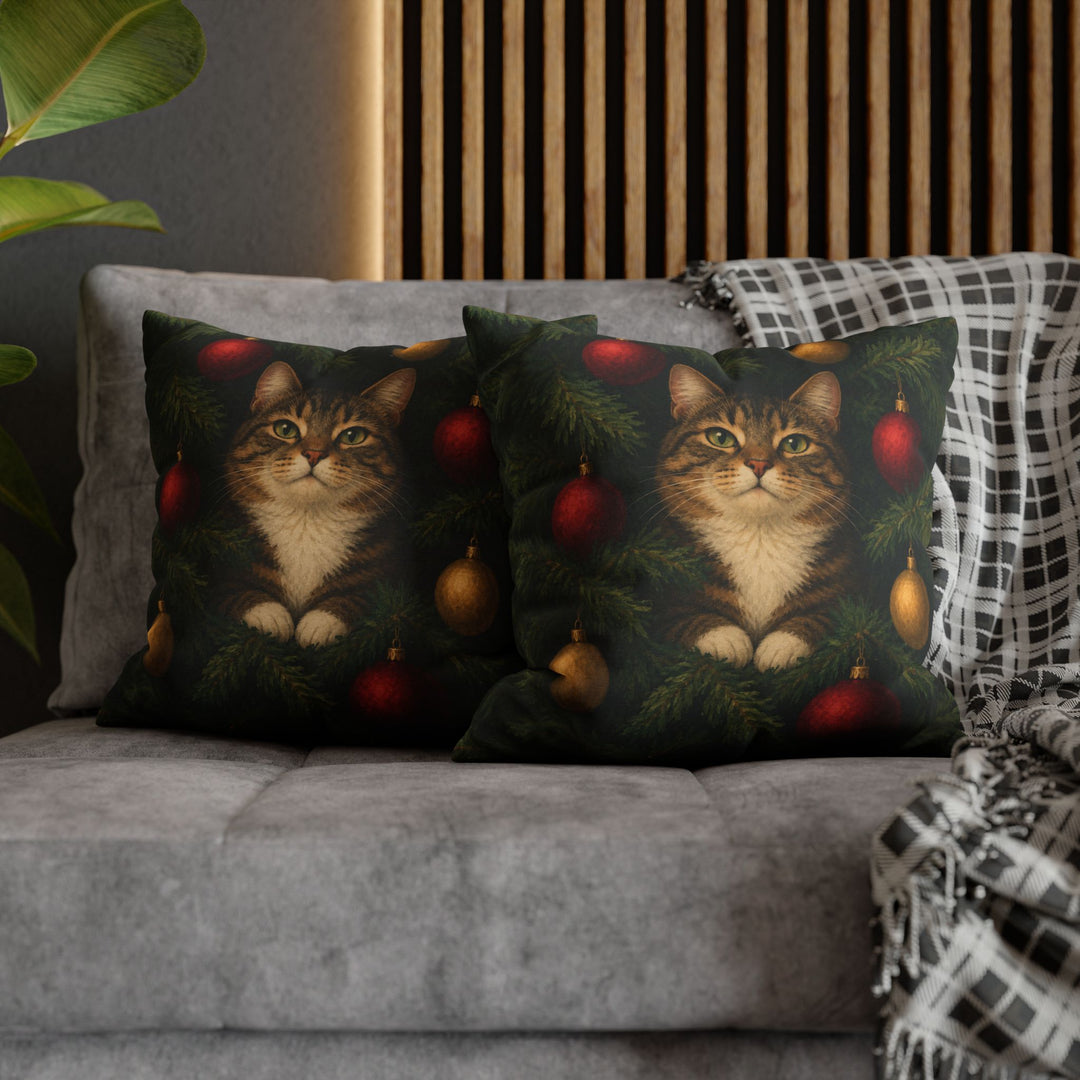 The Tree Inspector – Christmas Wall Art with a Cat Deep in the Branches – Pillow / Cover
