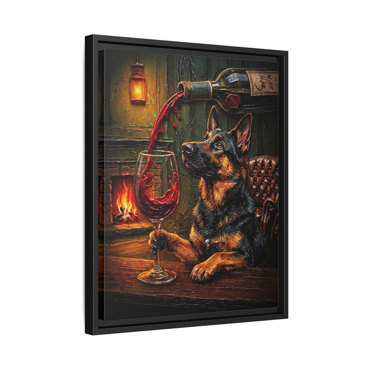 "Wine & Woof" - German Shepherd Vertical Framed Canvas - Dog Lover Wall Art