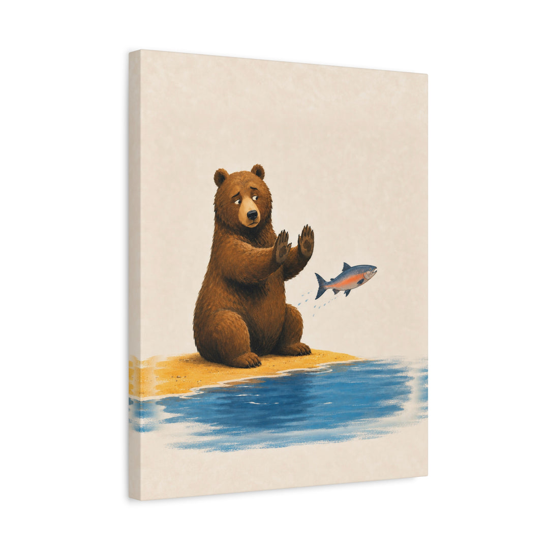 Catch & Release & Catch – Cabin Decor with a Bear and a Ceremonial Salmon – Canvas / Framed Canvas