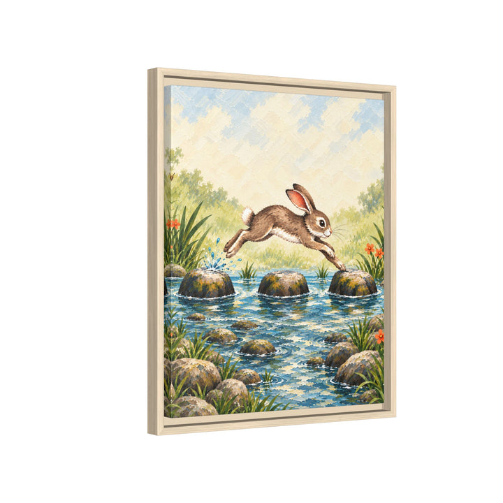 Stepping Stones – Nursery Wall Decor with a Playful Hare in Motion – Canvas / Framed Canvas