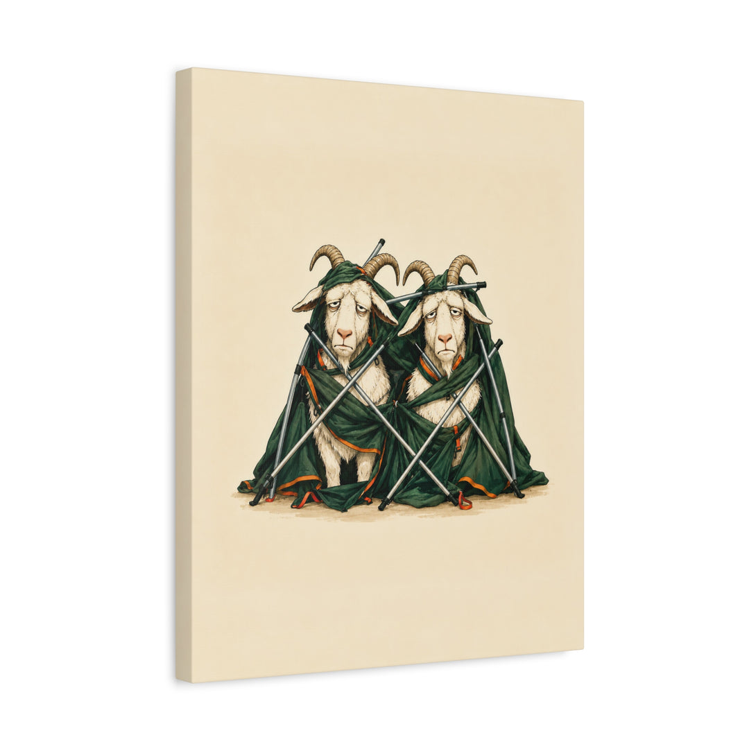 Tent Setup, Hour Three – Outdoor Wall Art with Two Goats Tangled in Poles – Canvas / Framed Canvas