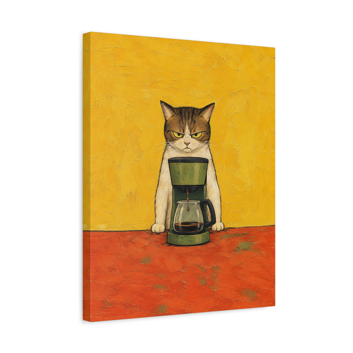 Before Coffee: Cat Edition – Coffee Wall Art with a Dripping Maker and a Glare – Canvas / Framed Canvas