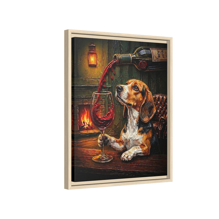 "Wine & Woof" - Beagle Vertical Framed Canvas - Dog Lover Wall Art