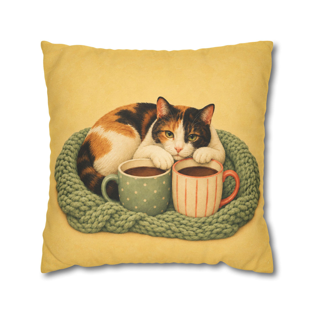 Cat Mom Club – Cat Mom Art with a Knit Blanket and Two Mugs – Pillow / Cover