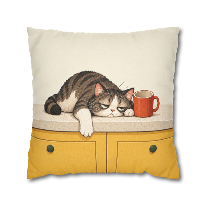 Before Coffee: Cat Edition II – Funny Kitchen Art with a Counter Slump and Empty Mug – Pillow / Cover