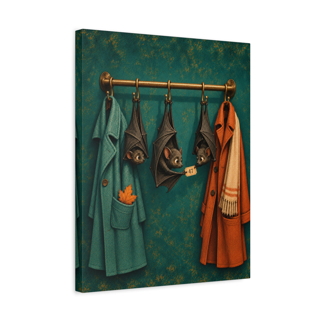 Bat Coat Check – Halloween Wall Art with Upside Down Guests on a Rack – Canvas / Framed Canvas