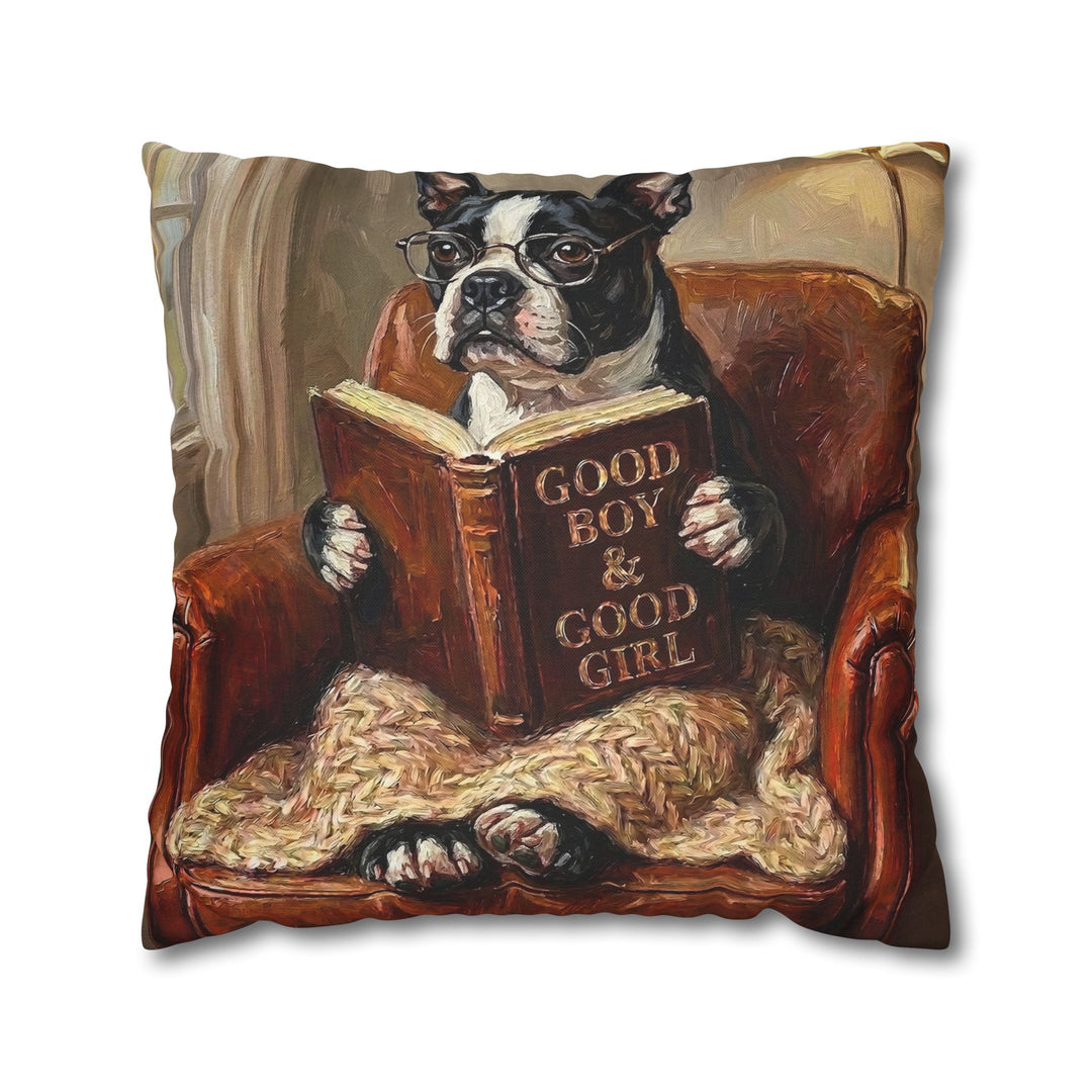 "Evening Read" - Boston Terrier Pillow Cover - Dog Lover Home Decor