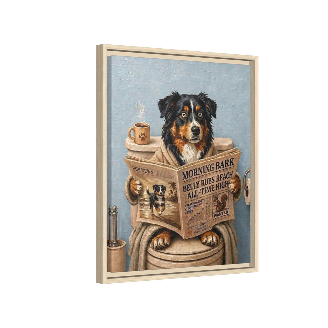 "Morning Business" - Australian Shepherd Vertical Framed Canvas - Dog Lover Wall Art