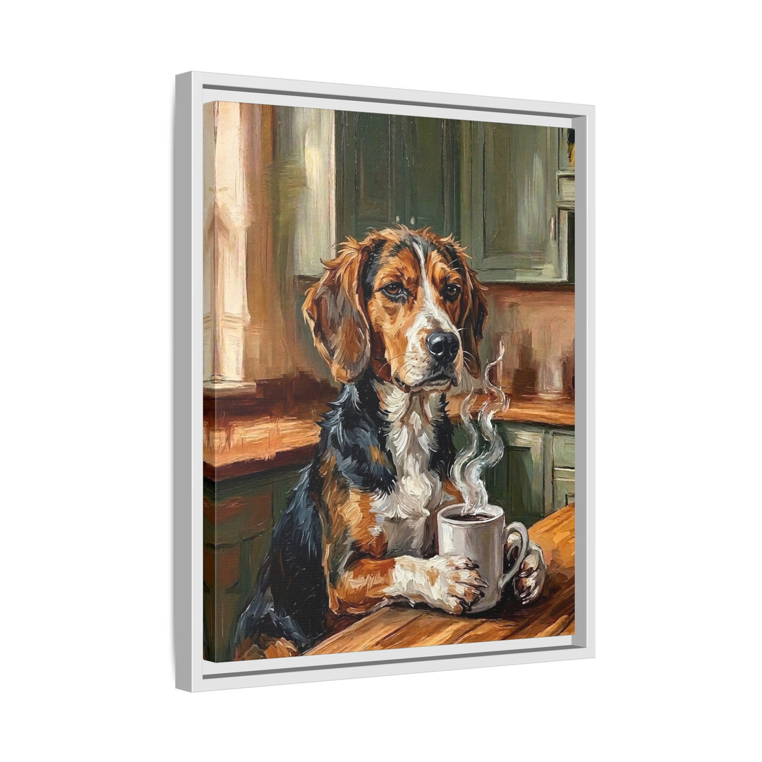 "Before Coffee" - Beagle Vertical Framed Canvas - Dog Lover Wall Art