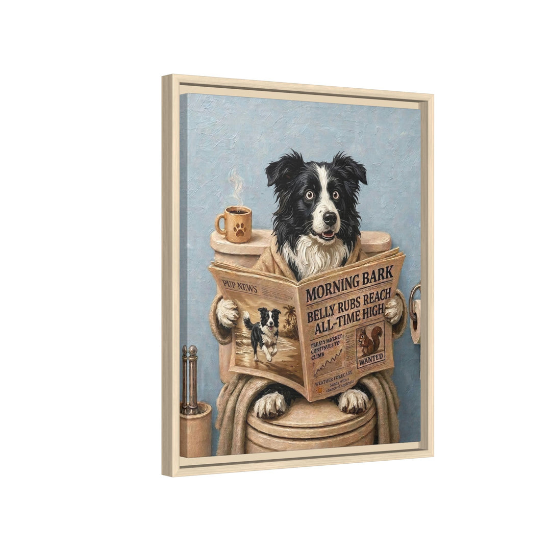 "Morning Business" - Border Collie Vertical Framed Canvas - Dog Lover Wall Art