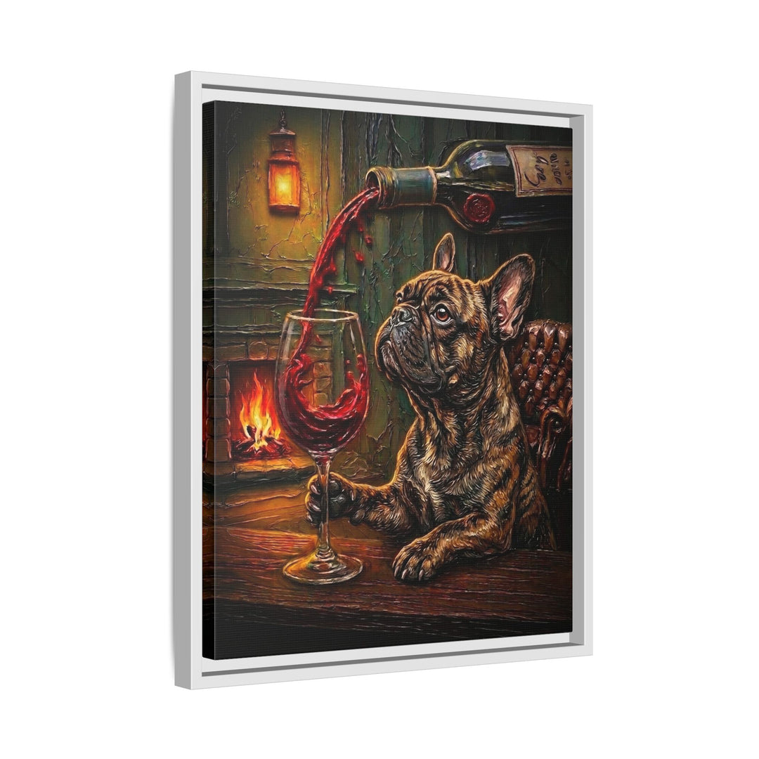 "Wine & Woof" - French Bulldog Vertical Framed Canvas - Dog Lover Wall Art
