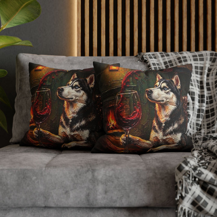 "Wine & Woof" - Husky Throw Pillow - Dog Lover Home Decor