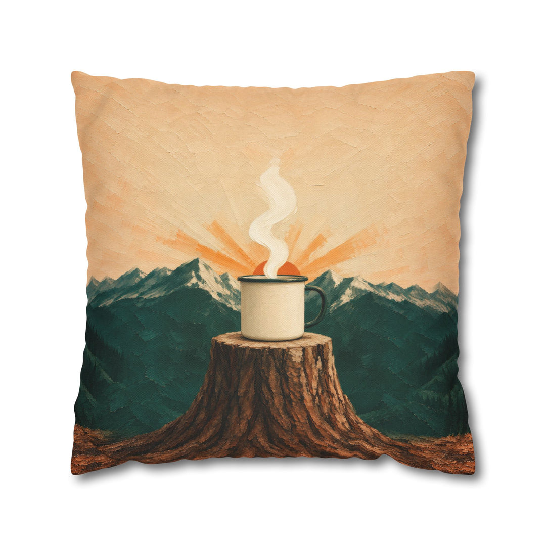 Enamel Mug Sunrise – Mountain Wall Art with a Steaming Cup on a Log – Pillow / Cover