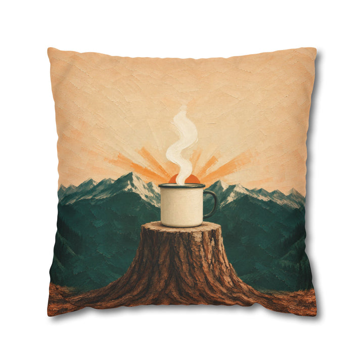 Enamel Mug Sunrise – Mountain Wall Art with a Steaming Cup on a Log – Pillow / Cover